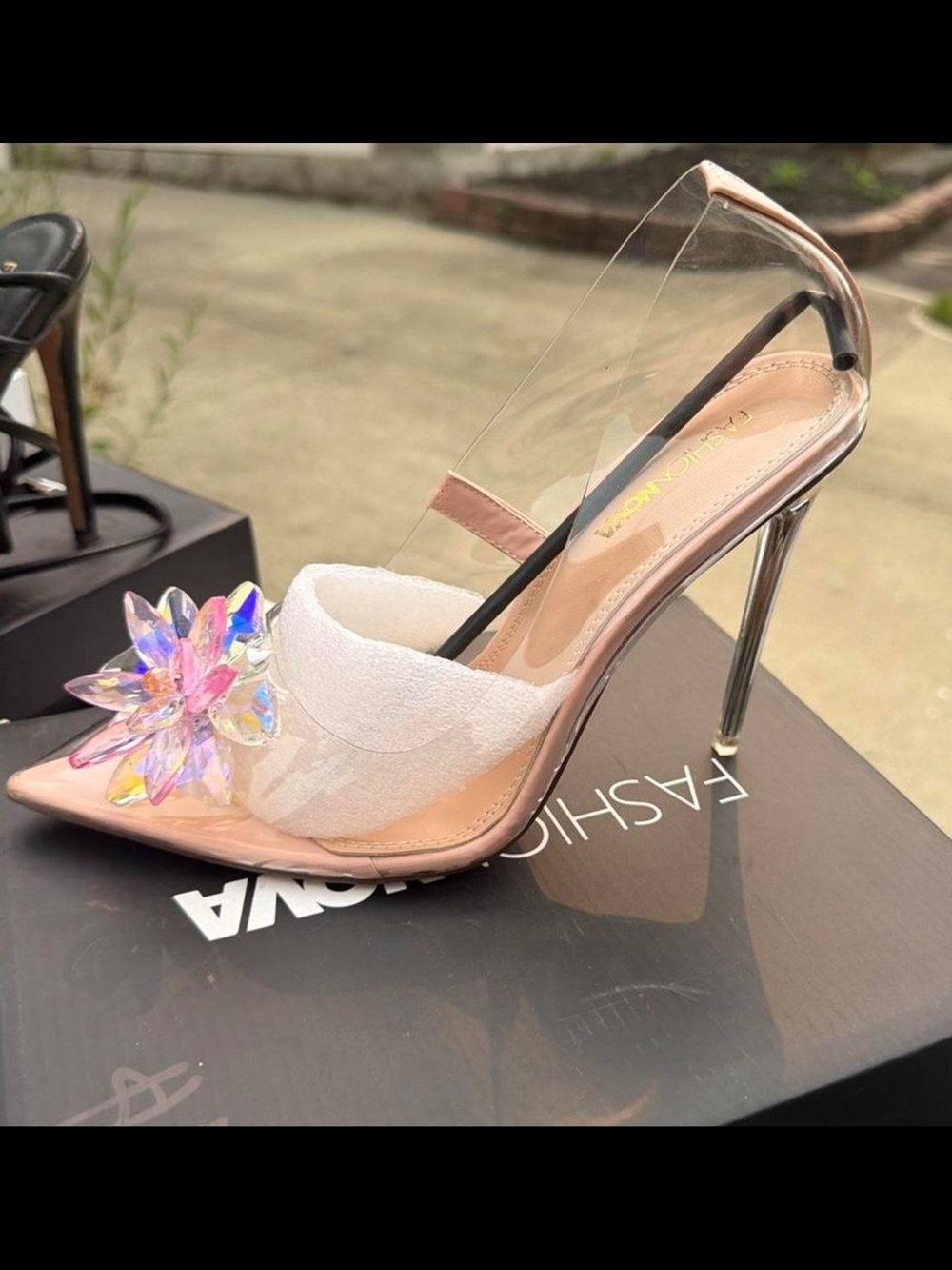Fashion Nova Pink Pointed Clear Pump with Iridescent Flower Accent - Picture 2 of 2